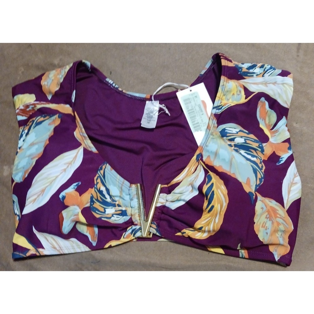 NEW Jaclyn Smith Burgundy Palm Leaf Print Deep V Bikini Top,โ Medium